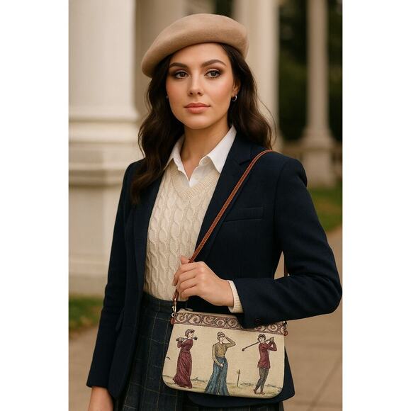 Vintage Tapestry Shoulder Bag with Victorian Golfers Scene & Brown Strap - Picture 2 of 11